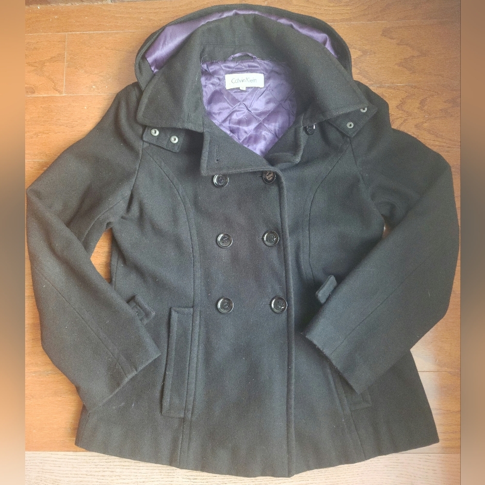 Calvin Klein Black Peacoat with Purple Lining